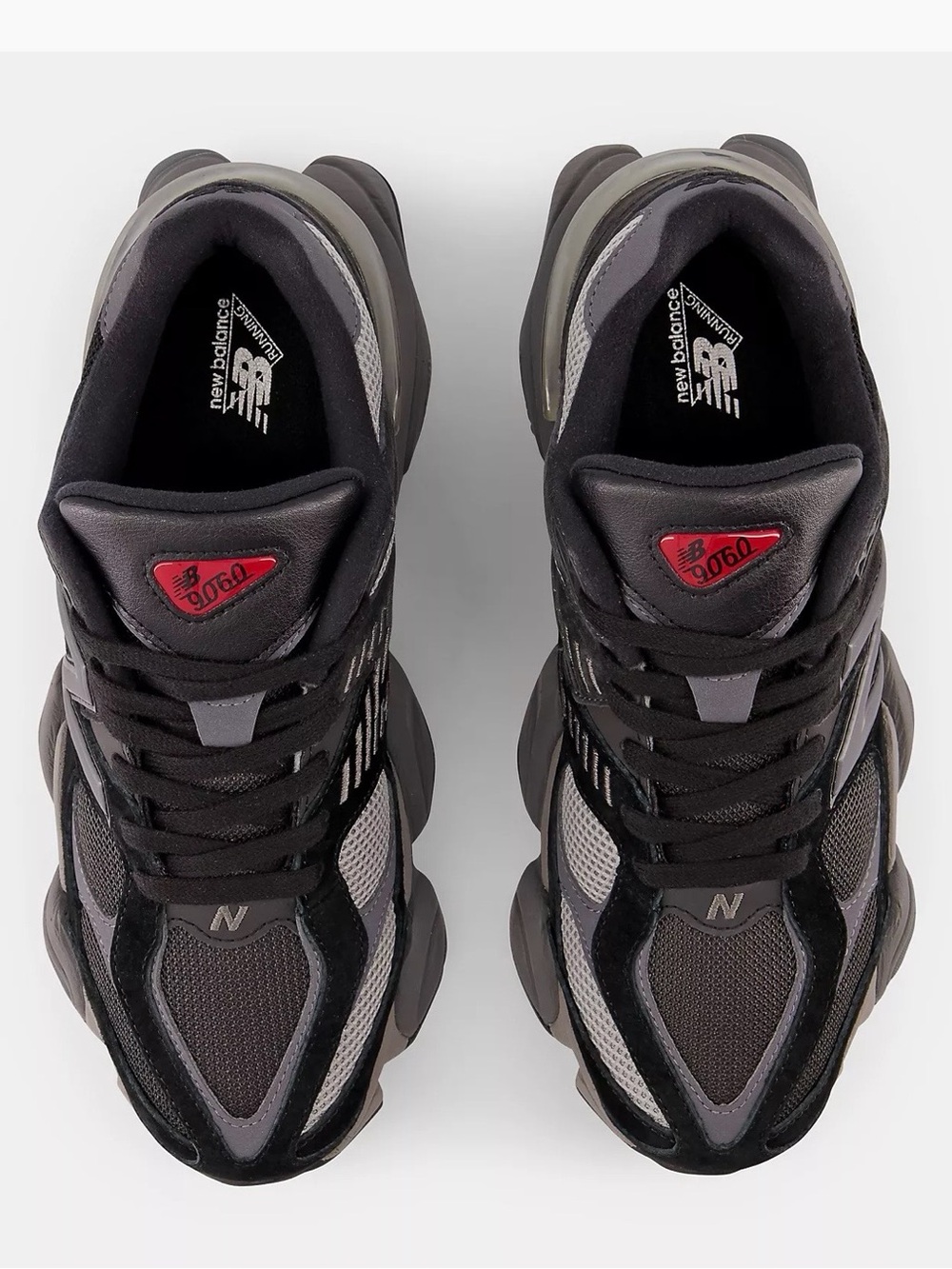 New Balance 9060 Black & Grey Sneakers with Red Logo Detail